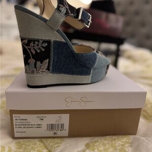 Jessica Simpson blue jean  Floral Jacquard Wedges - Blue and Black